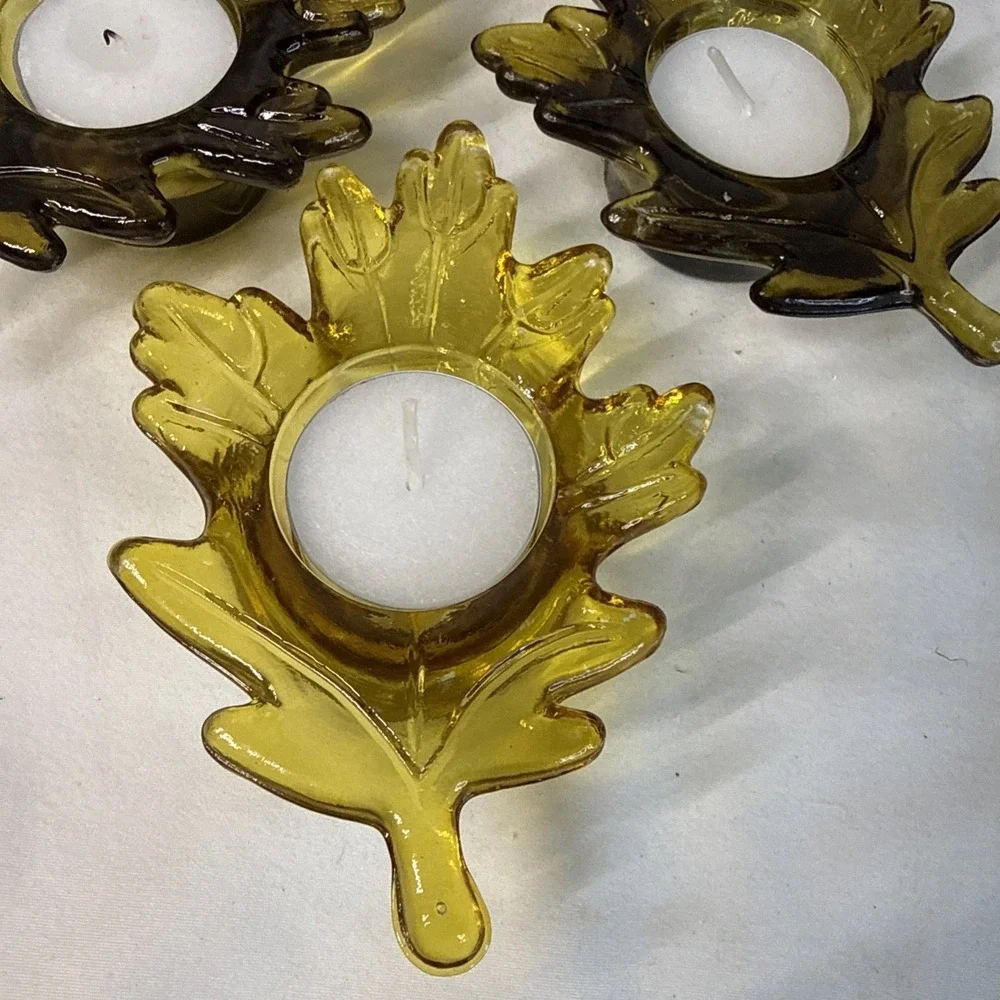 Fall Leaf Glass Votive Candle Holders Gold/Green Set of 3. Vintage
